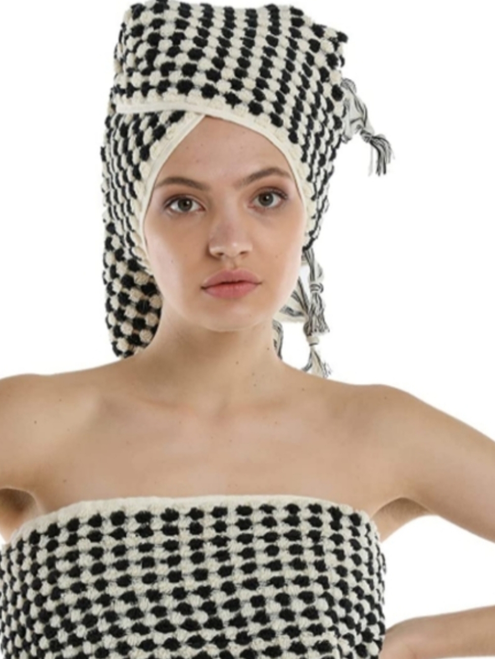 Turkish Spa Hair Peshtemal XL Hand Towel Black and Natural White Pom Pom Turkey